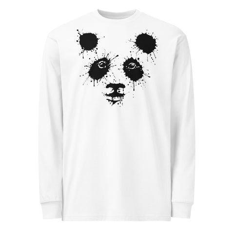 White men's heavyweight long sleeve tee, front with black ink-splatter panda artwork – ZIPZAPPA
