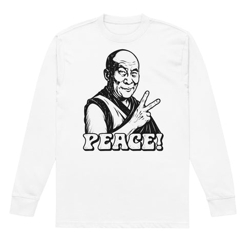 White men's heavyweight long sleeve tee, front with original black-and-white Peace Sign Monk artwork – ZIPZAPPA