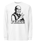White men's heavyweight long sleeve tee, front with original black-and-white Peace Sign Monk artwork – ZIPZAPPA