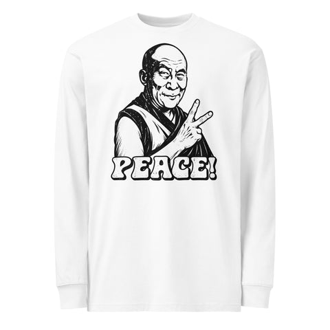 White men's heavyweight long sleeve tee, front with original black-and-white Peace Sign Monk artwork – ZIPZAPPA