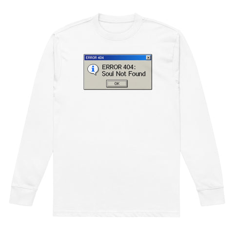 White men's heavyweight long sleeve tee, front with a blue-and-grey retro Error 404 Soul Not Found computer dialog – ZIPZAPPA