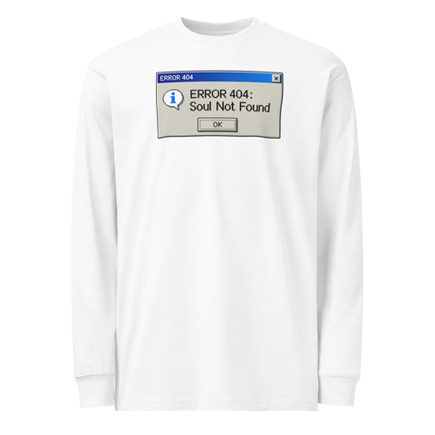 White men's heavyweight long sleeve tee, front with a blue-and-grey retro Error 404 Soul Not Found computer dialog – ZIPZAPPA