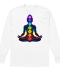 White men's heavyweight long sleeve tee, front with original neon rainbow Chakra Meditation silhouette – ZIPZAPPA
