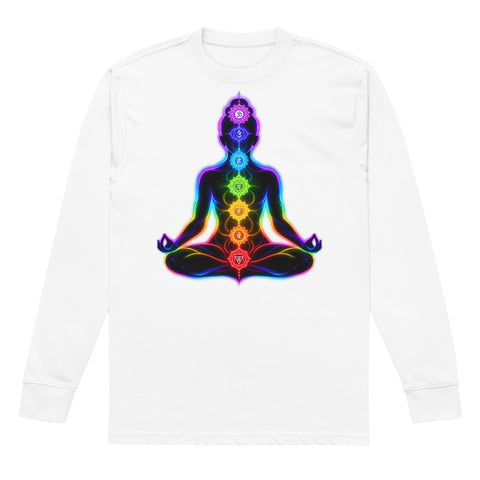 White men's heavyweight long sleeve tee, front with original neon rainbow Chakra Meditation silhouette – ZIPZAPPA