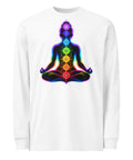 White men's heavyweight long sleeve tee, front with original neon rainbow Chakra Meditation silhouette – ZIPZAPPA