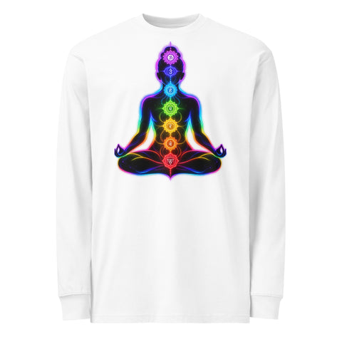 White men's heavyweight long sleeve tee, front with original neon rainbow Chakra Meditation silhouette – ZIPZAPPA