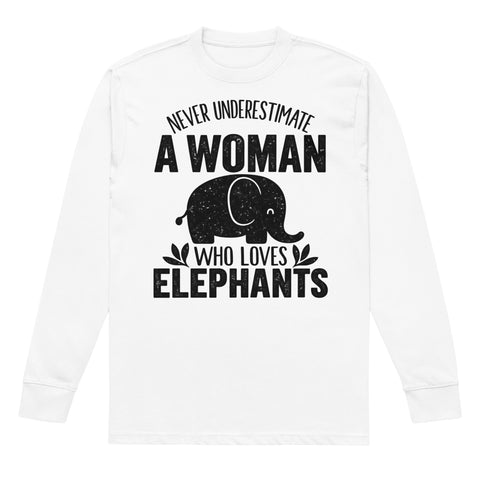 Never Underestimate a Woman Who Loves Elephants white heavyweight long sleeve tee with large black elephant graphic – front flat lay