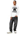 Never Underestimate a Woman Who Loves Elephants white heavyweight long sleeve tee with large black elephant graphic – front view