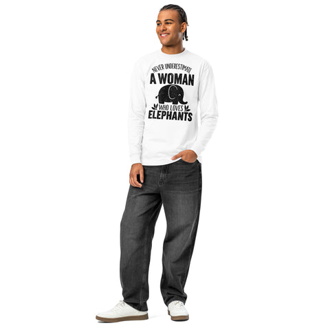 Never Underestimate a Woman Who Loves Elephants white heavyweight long sleeve tee with large black elephant graphic – front view
