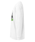 Left side studio view of the White Dinosaur Motivation men’s heavyweight long-sleeve tee, showing its single green dinosaur and running quote front print.