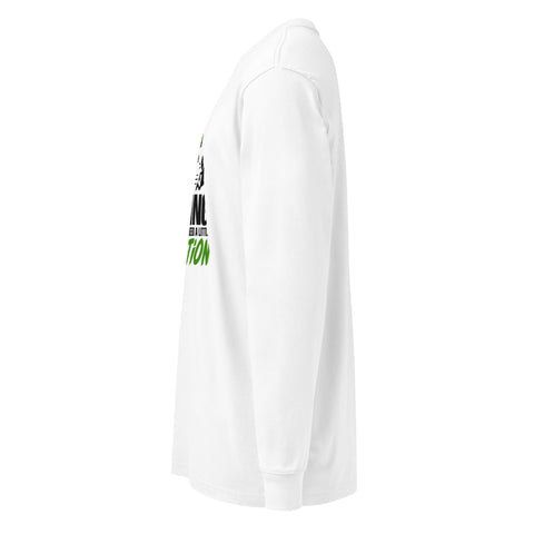 Left side studio view of the White Dinosaur Motivation men’s heavyweight long-sleeve tee, showing its single green dinosaur and running quote front print.