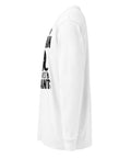 Never Underestimate a Woman Who Loves Elephants white heavyweight long sleeve tee with large black elephant graphic – left side