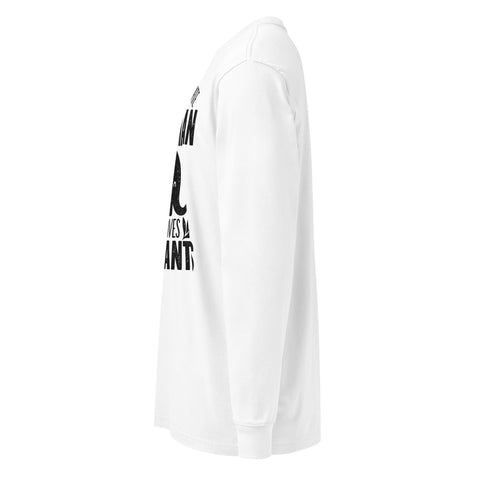 Never Underestimate a Woman Who Loves Elephants white heavyweight long sleeve tee with large black elephant graphic – left side