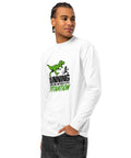 Angled model front view of the White Dinosaur Motivation men’s heavyweight long-sleeve tee, showing its single green dinosaur and running quote front print.