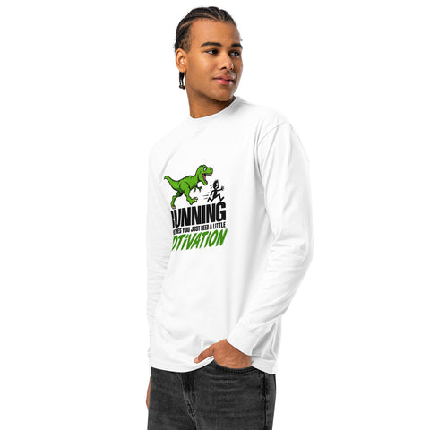 Angled model front view of the White Dinosaur Motivation men’s heavyweight long-sleeve tee, showing its single green dinosaur and running quote front print.