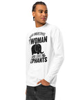 Never Underestimate a Woman Who Loves Elephants white heavyweight long sleeve tee with large black elephant graphic – front angle