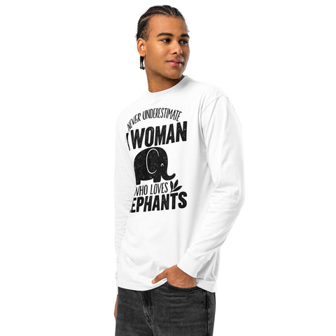 Never Underestimate a Woman Who Loves Elephants white heavyweight long sleeve tee with large black elephant graphic – front angle