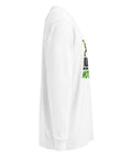Right side studio view of the White Dinosaur Motivation men’s heavyweight long-sleeve tee, showing its single green dinosaur and running quote front print.