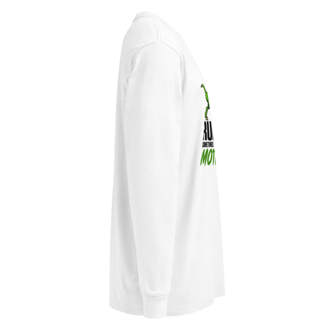 Right side studio view of the White Dinosaur Motivation men’s heavyweight long-sleeve tee, showing its single green dinosaur and running quote front print.
