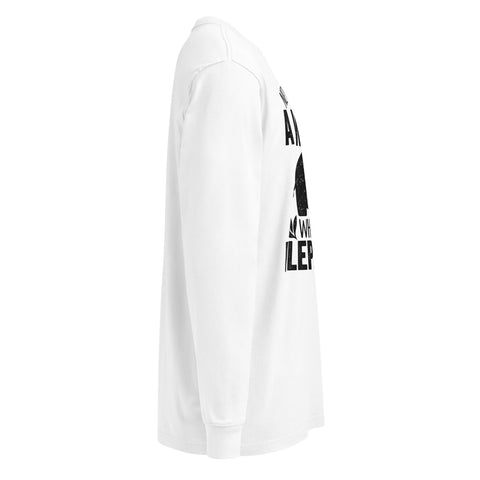 Never Underestimate a Woman Who Loves Elephants white heavyweight long sleeve tee with large black elephant graphic – right side
