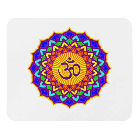 White mouse pad with a purple, turquoise, green, orange and yellow Om lotus mandala centred on the top.