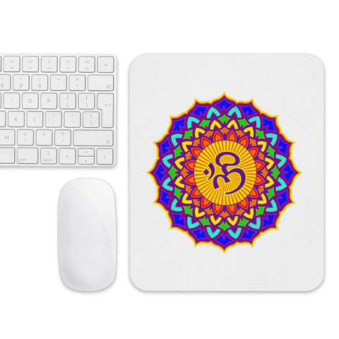 White mouse pad with a purple, turquoise, green, orange and yellow Om lotus mandala centred on the top.