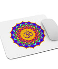 White mouse pad with a colourful Psychedelic Om Lotus mandala, shown at an angle with a white computer mouse.