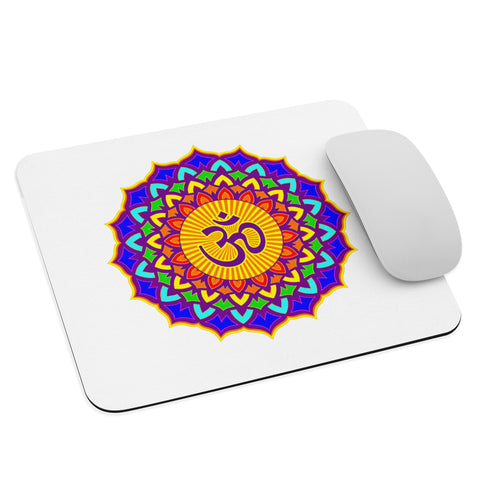 White mouse pad with a colourful Psychedelic Om Lotus mandala, shown at an angle with a white computer mouse.