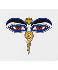 White mouse pad with centred Buddha Wisdom Eyes artwork in blue, red, yellow, orange and black – ZIPZAPPA