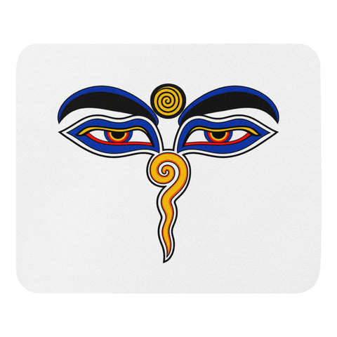 White mouse pad with centred Buddha Wisdom Eyes artwork in blue, red, yellow, orange and black – ZIPZAPPA