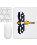 White mouse pad with centred Buddha Wisdom Eyes artwork in blue, red, yellow, orange and black – ZIPZAPPA