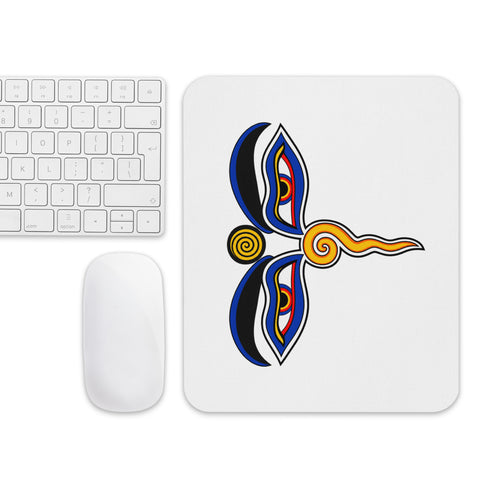 White mouse pad with centred Buddha Wisdom Eyes artwork in blue, red, yellow, orange and black – ZIPZAPPA