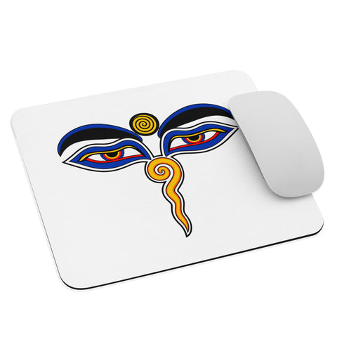 White mouse pad with centred Buddha Wisdom Eyes artwork in blue, red, yellow, orange and black – ZIPZAPPA