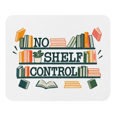White mouse pad with deep-green No Shelf Control lettering, colourful books and a small potted plant centred on the surface – ZIPZAPPA