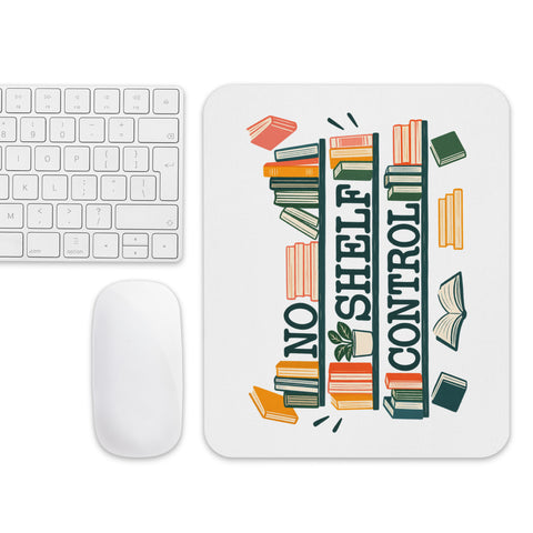 White mouse pad with deep-green No Shelf Control lettering, colourful books and a small potted plant centred on the surface – ZIPZAPPA