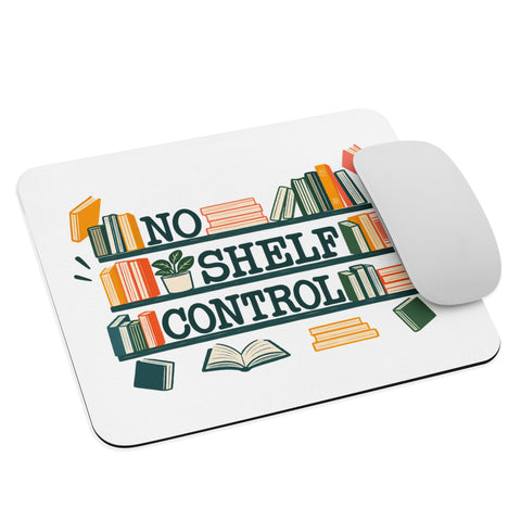 White mouse pad with deep-green No Shelf Control lettering, colourful books and a small potted plant centred on the surface – ZIPZAPPA