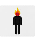 White mouse pad with an original black human icon and a bright red, orange and yellow flame head centred on the surface – ZIPZAPPA