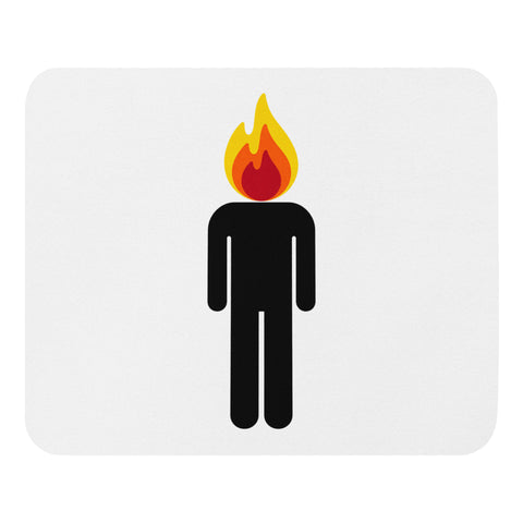 White mouse pad with an original black human icon and a bright red, orange and yellow flame head centred on the surface – ZIPZAPPA