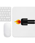 White mouse pad with an original black human icon and a bright red, orange and yellow flame head centred on the surface – ZIPZAPPA