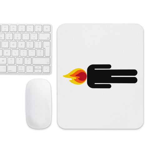 White mouse pad with an original black human icon and a bright red, orange and yellow flame head centred on the surface – ZIPZAPPA