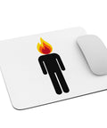 White mouse pad with an original black human icon and a bright red, orange and yellow flame head centred on the surface – ZIPZAPPA