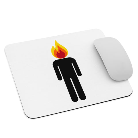 White mouse pad with an original black human icon and a bright red, orange and yellow flame head centred on the surface – ZIPZAPPA