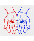 White mouse pad with two original red and blue illustrated hands holding matching capsules, centred in full on the surface – ZIPZAPPA
