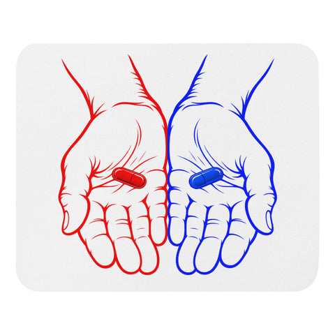 White mouse pad with two original red and blue illustrated hands holding matching capsules, centred in full on the surface – ZIPZAPPA
