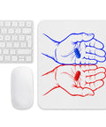 White mouse pad with two original red and blue illustrated hands holding matching capsules, centred in full on the surface – ZIPZAPPA