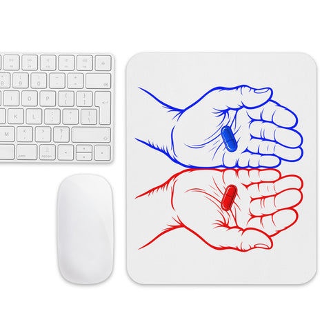 White mouse pad with two original red and blue illustrated hands holding matching capsules, centred in full on the surface – ZIPZAPPA