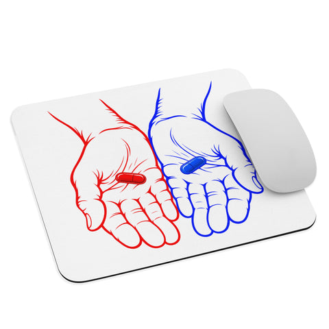 White mouse pad with two original red and blue illustrated hands holding matching capsules, centred in full on the surface – ZIPZAPPA