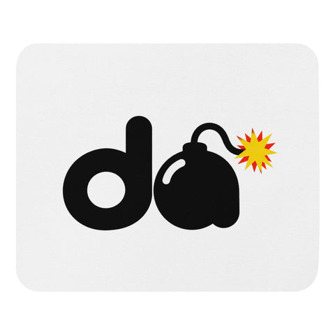 White mouse pad with original bold black d and cartoon bomb with a red-and-yellow fuse spark, centred on the surface – ZIPZAPPA