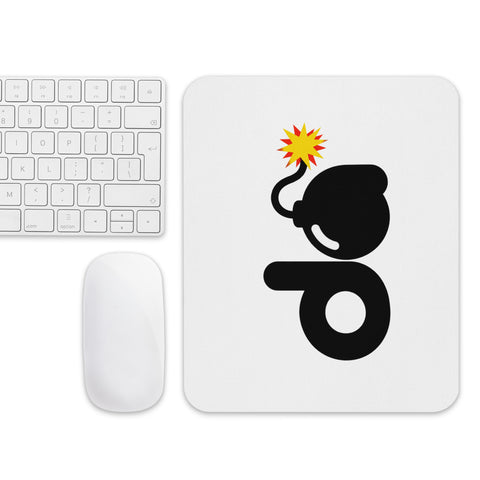 White mouse pad with original bold black d and cartoon bomb with a red-and-yellow fuse spark, centred on the surface – ZIPZAPPA