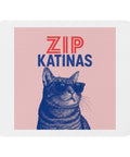 ZIP Katinas mouse pad showing the full pink square, red and blue lettering and blue sunglasses cat within a white border